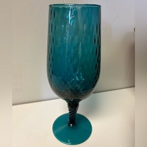 Vintage Turquoise Empoli Optic Vase With Twisted Pedestal 10.25” Tall EUC